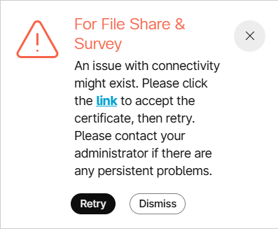 Meeting Apps warning message with hyperlink to accept certificate and Retry